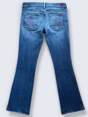 7 For All Mankind A Pocket Low Rise Flare Jeans Size 29 Pink Embroidery USA